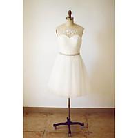 A-line Wedding Dress Little White Dress Knee-length Scoop Tulle with Appliques Beading Sash / Ribbon