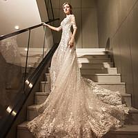 A-line Wedding Dress Cathedral Train Straps Tulle with Appliques Beading Crystal Lace