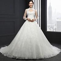 A-line Wedding Dress Vintage Inspired Chapel Train High Neck Lace with Beading