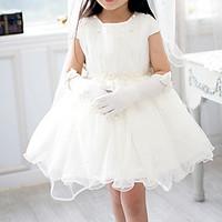 A-line Ball Gown Princess Short / Mini Flower Girl Dress - Chiffon Satin Tulle Jewel with Embroidery Pearl Detailing Ruching