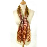 A red and gold polyester scarf with a check and stripe design