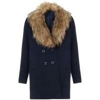 A Wear Basse Navy Blue Womens Textured Winter Wool Coat Fur Collar women\'s Coat in blue