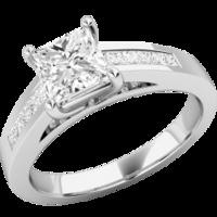 A striking Princess Cut diamond ring with shoulder stones in 18ct white gold