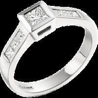 A striking Princess Cut diamond ring with shoulder stones in 18ct white gold