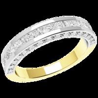 A dazzling Princess & Round Brilliant Cut diamond eternity ring in 18ct yellow & white gold