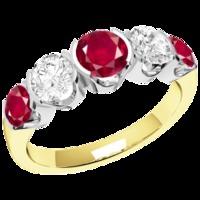 A stylish five stone ruby & diamond eternity ring in 18ct yellow & white gold