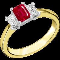 A stylish three stone ruby & diamond ring in 18ct yellow & white gold