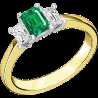 a stylish three stone emerald diamond ring in 18ct yellow white gold