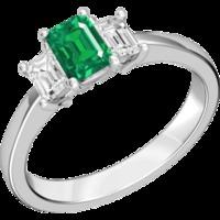 a stylish three stone emerald diamond ring in 18ct white gold