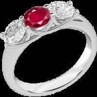 a classic three stone ruby diamond ring in 18ct white gold