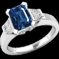 a classic three stone sapphire diamond ring in 18ct white gold