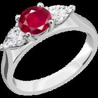 a classic ruby diamond three stone ring in 18ct white gold