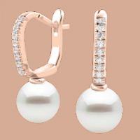 A stunning pair of 9mm White Pearl and Round Brilliant Cut diamond drop earrings in 18ct rose gold