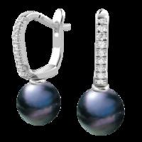 A stunning pair of 9mm Black Pearl and Round Brilliant Cut diamond drop earrings in 18ct white gold