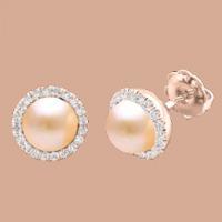 A stunning pair of Light Peach Pearl and diamond cluster earrings in 18ct rose gold