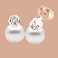 A beautiful pair of White 8mm Pearl and Round Brilliant Cut diamond earrings in 18ct rose gold