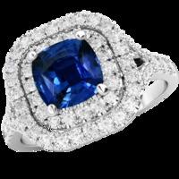 A luxurious Cushion Cut Sapphire and Diamond double halo ring with shoulder stones in 18ct white gold