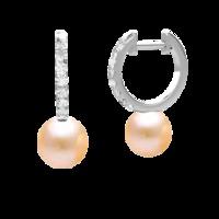 A stunning pair of 9mm Light Peach Pearl and Round Brilliant Cut diamond drop earrings in 18ct white gold