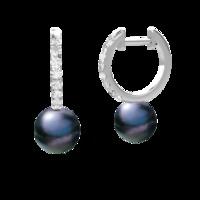 A timeless pair of 9mm Black Pearl and Round Brilliant Cut diamond drop earrings in 18ct white gold