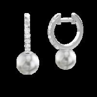 A timeless pair of Dark Silver Pearl and Round Brilliant Cut diamond drop earrings in 18ct white gold