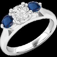 A beautiful Round Brilliant Cut three stone sapphire and diamond ring in platinum