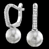 A timeless pair of 9mm Dark Silver Pearl and Round Brilliant Cut diamond drop earrings in 18ct white gold