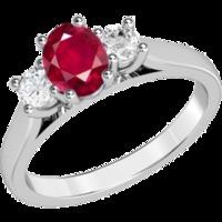 a timeless three stone ruby diamond ring in 18ct white gold