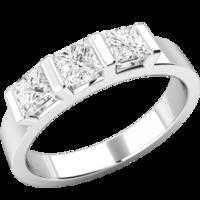 a stylish princess cut three stone diamond ring in 18ct white gold