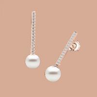 A beautiful pair of 9mm White Pearl and Round Brilliant Cut diamond drop earrings in 18ct rose gold