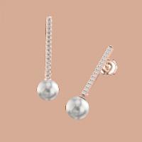 A timeless pair of Dark Silver Pearl and Round Brilliant Cut diamond drop earrings in 18ct rose gold