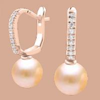 A stunning pair of 9mm Light Peach Pearl and Round Brilliant Cut diamond drop earrings in 18ct rose gold
