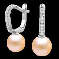 A stunning pair of 9mm Light Peach Pearl and Round Brilliant Cut diamond drop earrings in 18ct white gold