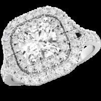 A luxurious Cushion Cut double halo diamond ring with shoulder stones in 18ct white gold