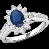 a classic sapphire diamond cluster style ring in 18ct white gold