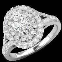 A luxurious Oval Cut double halo diamond ring with shoulder stones in 18ct white gold