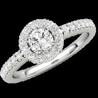 A stunning Round Brilliant cut Halo Diamond ring with shoulder stones in palladium