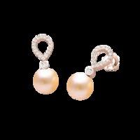 A timeless pair of 9mm Light Peach Pearl and Round Brilliant Cut diamond drop earrings in 18ct rose gold