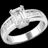 A breathtaking Emerald Cut diamond ring with shoulder stones in 18ct white gold