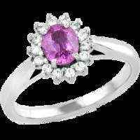 A classic pink sapphire & diamond cluster style ring in 18ct white gold