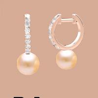 A stunning pair of 9mm Light Peach Pearl and Round Brilliant Cut diamond drop earrings in 18ct rose gold