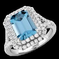 a stunning aqua and diamond double halo ring set in 18ct white gold