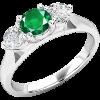 A timeless three stone Emerald & diamond ring in 18ct white gold