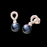 A stunning pair of 8mm Black Pearl and Round Brilliant Cut diamond drop earrings in 18ct rose gold