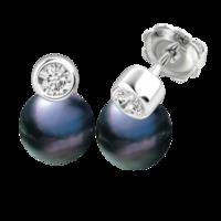 A timeless pair of Black Pearl and Round Brilliant Cut diamond earrings in 18ct white gold