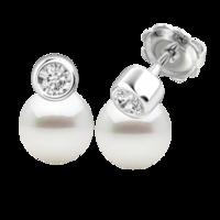 A beautiful pair of White 8mm Pearl and Round Brilliant Cut diamond earrings in 18ct white gold