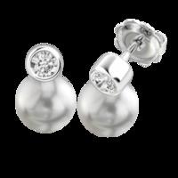 A timeless pair of Dark Silver Pearl and Round Brilliant Cut diamond earrings in 18ct white gold