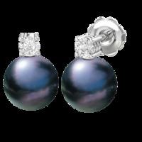 A beautiful pair of Black 8mm Pearl and Round Brilliant Cut diamond earrings in 18ct white gold