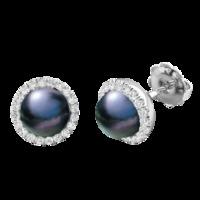 A beautiful pair of Black Pearl and Round Brilliant Cut diamond cluster earrings in 18ct white gold