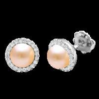 A stunning pair of Light Peach Pearl and diamond cluster earrings in 18ct white gold