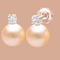 A beautiful pair of Light Peach 8mm Pearl and Round Brilliant Cut diamond earrings in 18ct rose gold